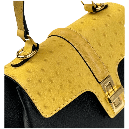 The turnlock against the ostrich embossed flap
