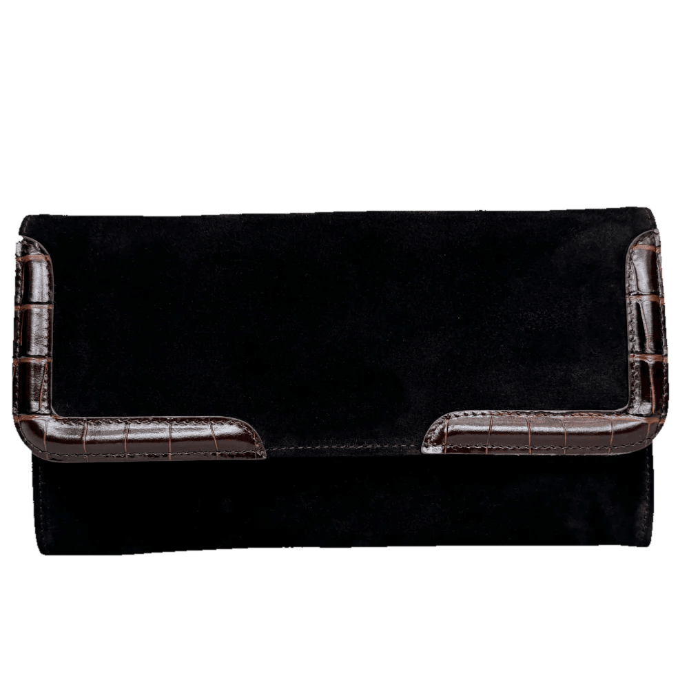 The Monaco Noir Clutch in black velvet with crocodile embossed trim